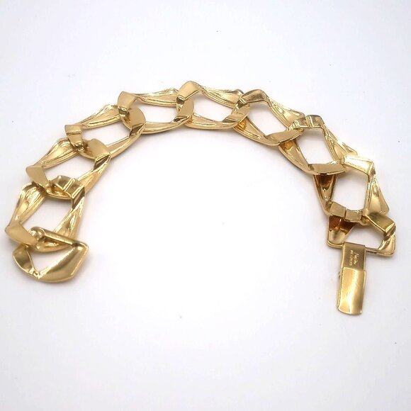 Napier Signed Bracelet Gold-Tone Black Enamel Art Deco Link Chain Style 7" Long - Picture 3 of 12